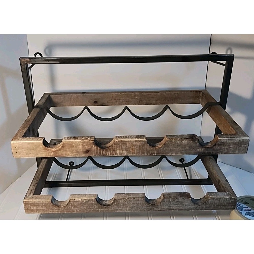 Pottery Barn Wood & Iron Wall Mount Wine Rack 8 Bottles Rustic Farmhouse Cottage